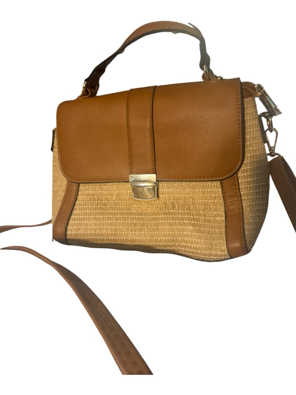 Time & tru Tan and Natural Woven Top-Handle Satchel adj rem strap one call out
